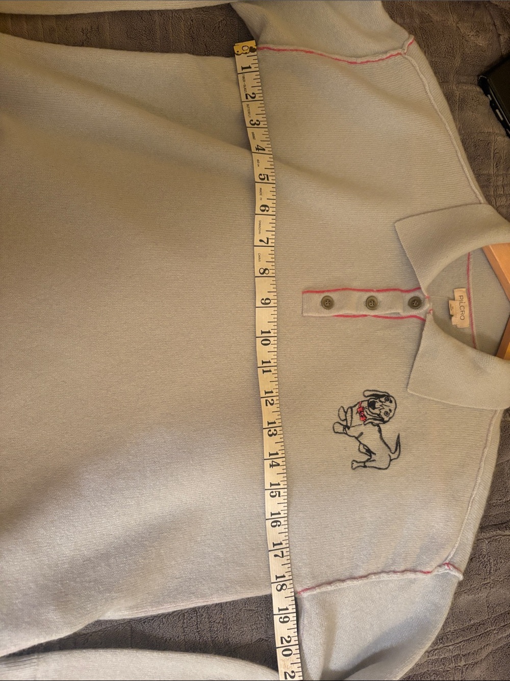 Pilcro Light Blue Long-Sleeve Polo with Dog Embroidery and Pink Trim - Picture 8 of 10
